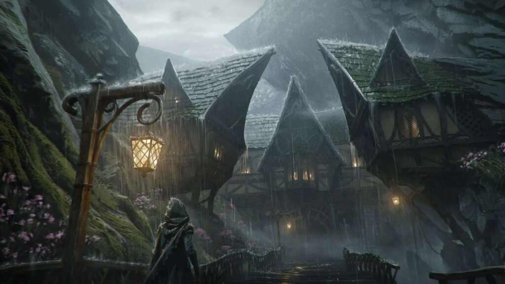 Fable konsept çizimlerinde yağmur altındaki kasaba atmosferi
