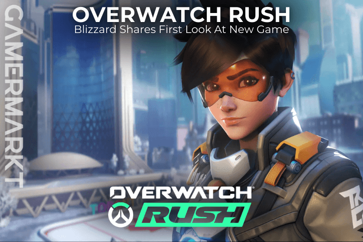 Overwatch Rush mobile game promotional image featuring Blizzard hero character and official logo