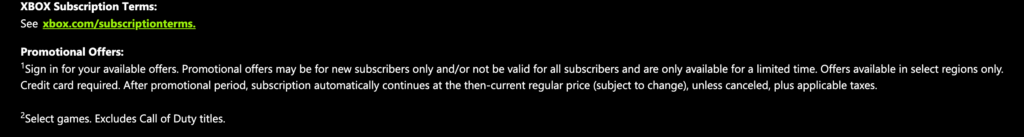 Footnote on the Xbox Game Pass page reading Select games. Excludes Call of Duty titles.